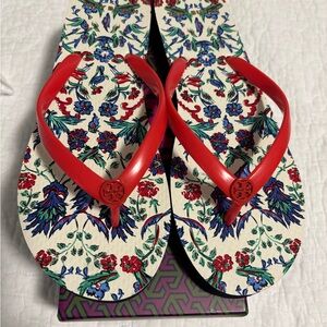 Tory Burch Red and Cream Floral Sandals